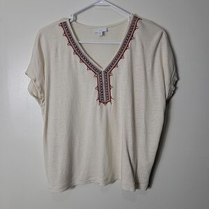 J. Jill Women's Crean W/ Brown & Blue Embroidered Cap Sleeve Top, SP